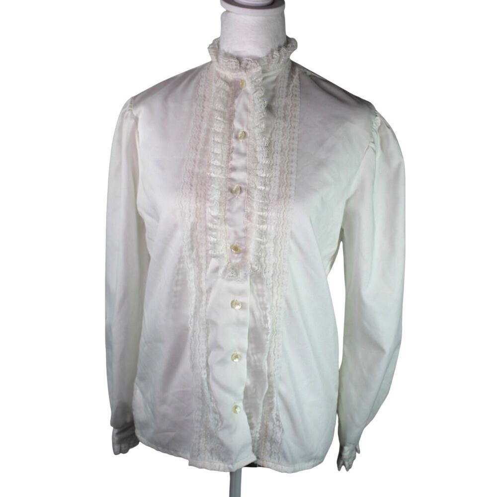 Vintage Lady Holiday 70s 60s Victorian Style Eduardian Button Up Blouse Lace S